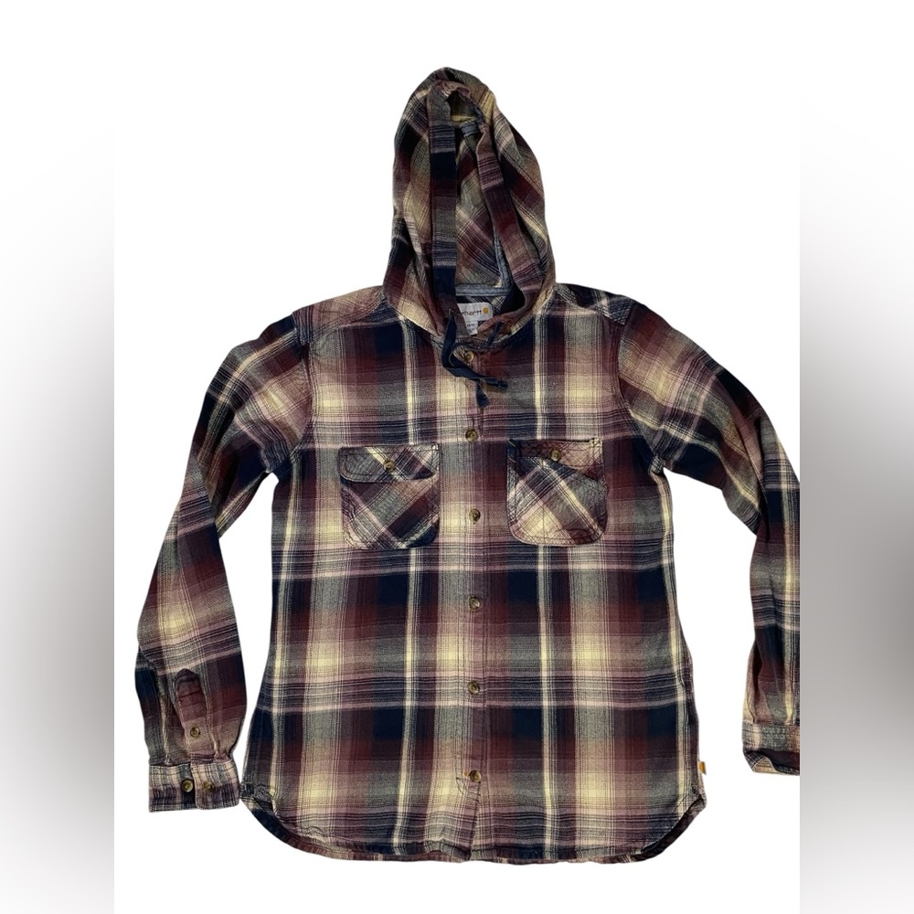 Carhartt Hooded Button Shirt Women Small Long Sleeve Wine Black Plaid Flannel